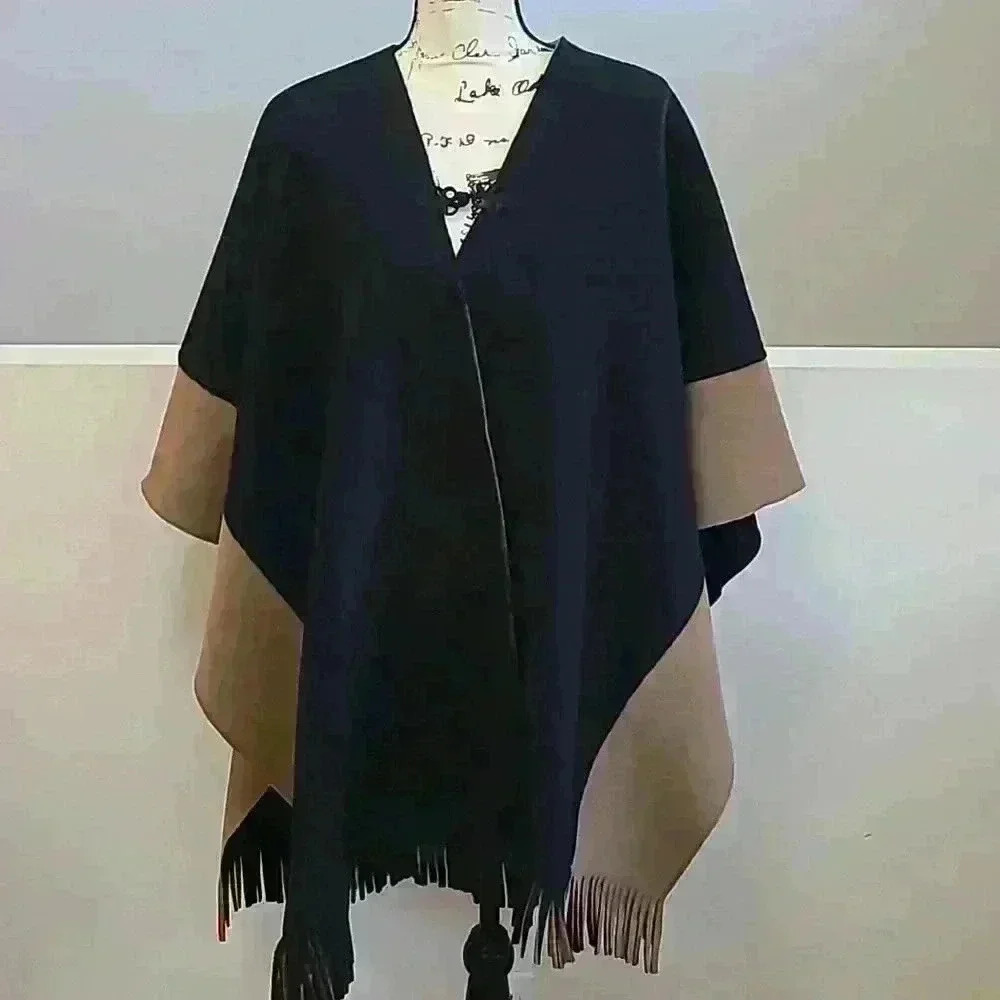 E Studio colorblock fringe fleece poncho shawl cape